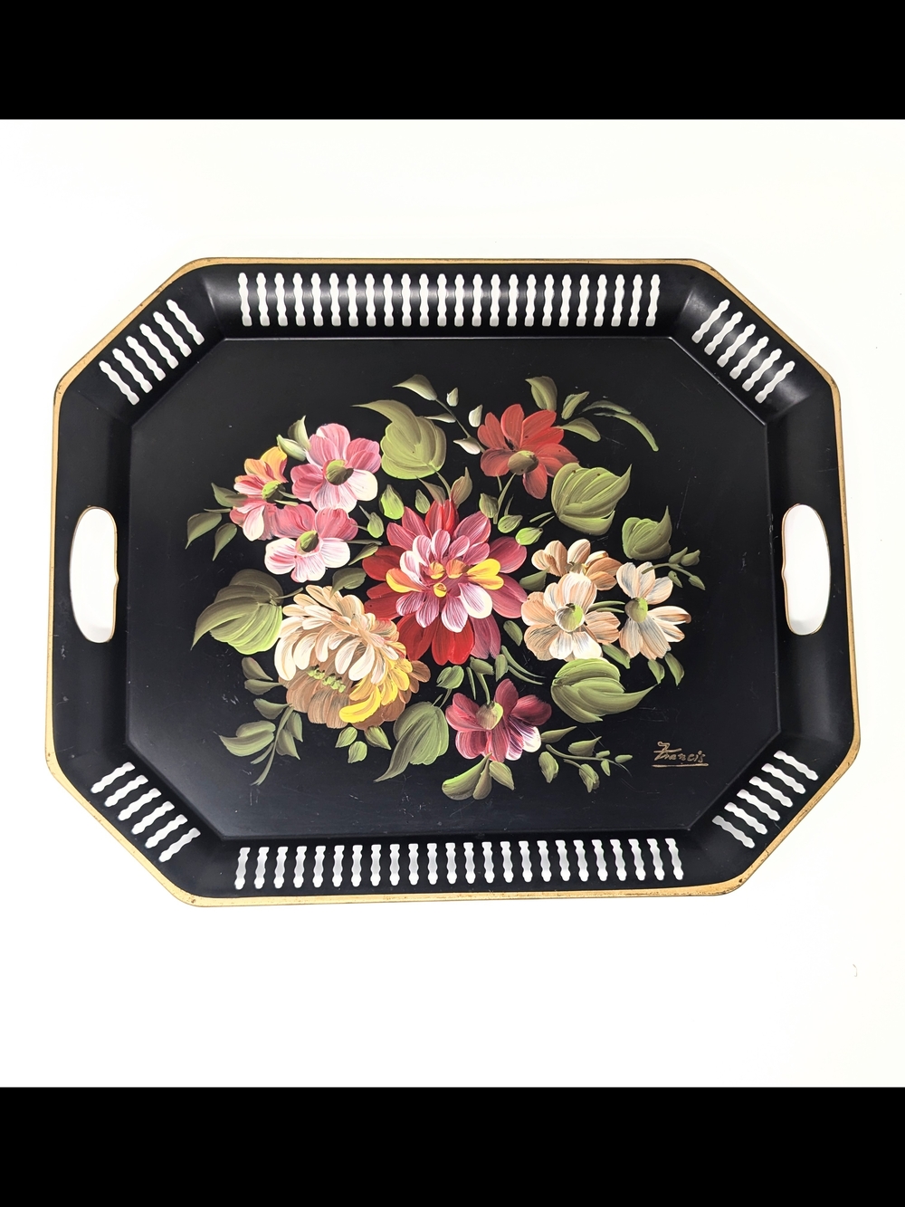 Vintage Nashco Hand-Painted Floral Black Serving Tray